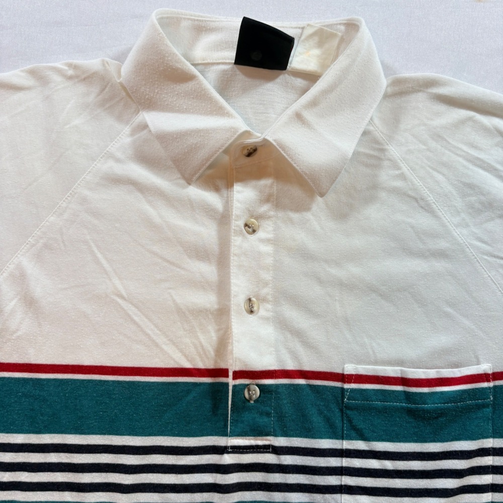 Jantzen Classics Polo Shirt Mens Large White Teal Striped Short Sleeve Pocket